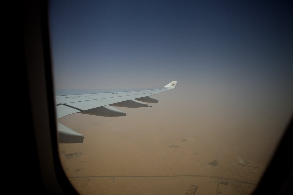 110 degree departure from Dubai with blowing sand